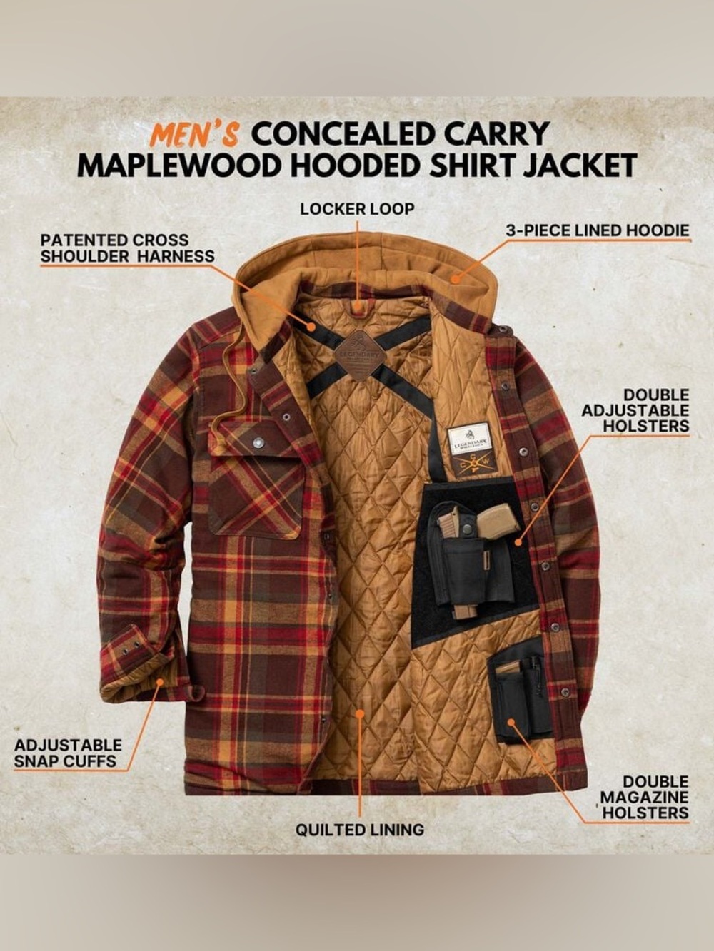 Legendary Whitetails | Concealed Carry Maplewood Hooded Shirt Jacket | Small